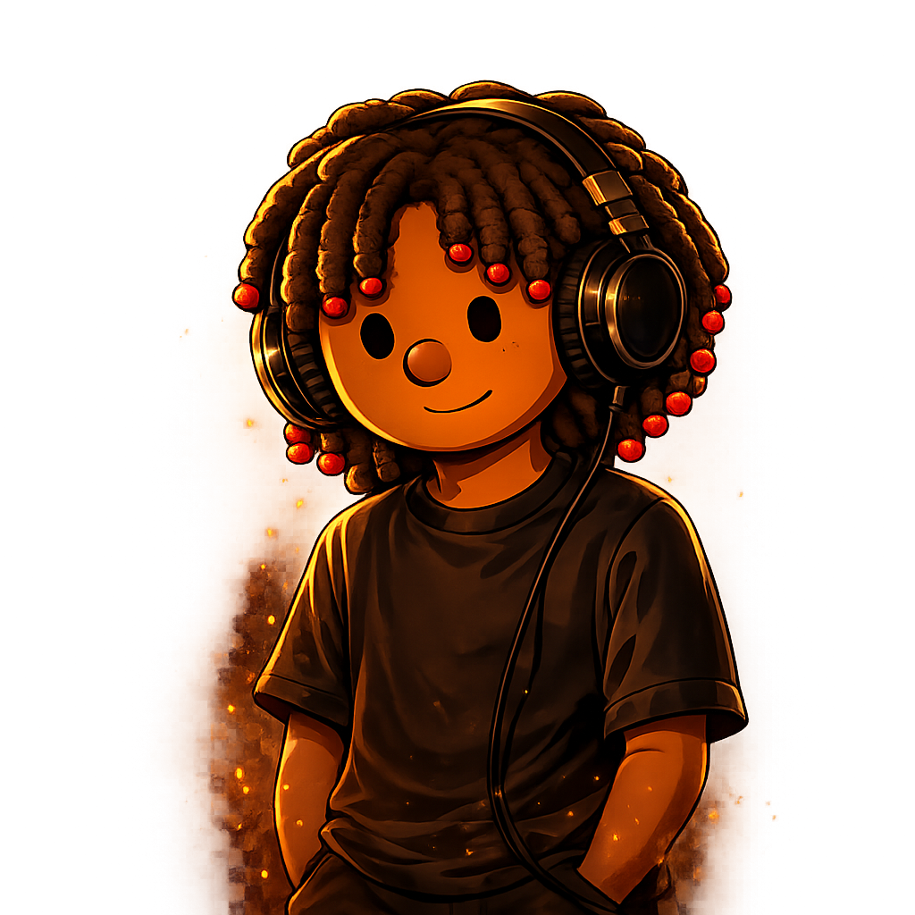 Cocoa Cris — animated figure with headphones, framed by a golden waveform and orbital rings
